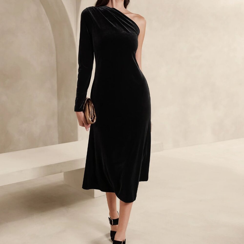BANANA REPUBLIC Blaire Velvet One-Shoulder Midi Cocktail Dress #817295 - BLACK